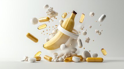 Levitation art of banana surrounded by translucent vitamin shapes, in motion, energy burst