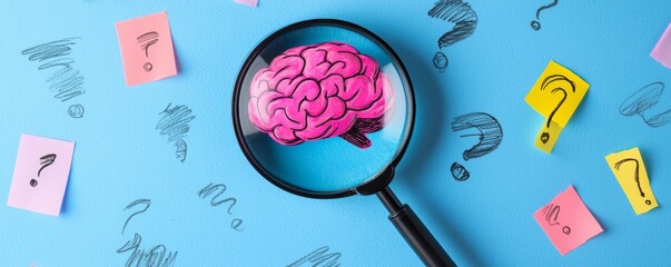 Curiosity Unleashed, A magnifying glass over a vibrant brain, surrounded by doodles of questions and answers.