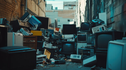 Abandoned alley filled with old electronic devices, including televisions and computers, creating cluttered and chaotic scene