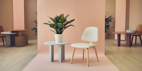 Fototapeta premium Minimalistic pastel room with white chair, small table, and potted plant