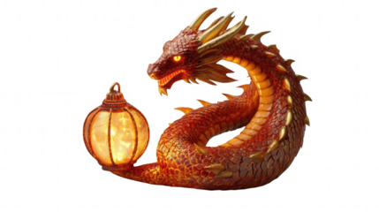 Red Dragon Coiled Elegantly Around Lantern, Chinese New Year Festival, Isolated on White, PNG File, Transparent Background