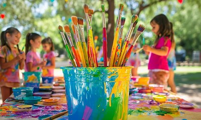 Colorful paint brushes in a vibrant bucket surrounded by children engaged in creative painting activity in a bright and cheerful outdoor setting
