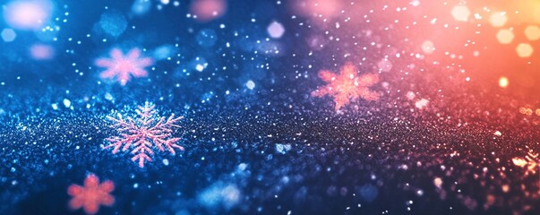 Fototapeta premium Snowflakes falling on sparkling glitter in magical christmas colors