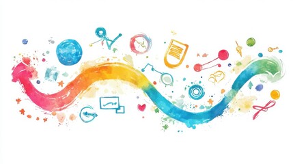 Colorful watercolor swirl with various educational symbols and icons.