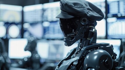 Fototapeta premium A futuristic robot with a black cap standing in a room with many computer screens.