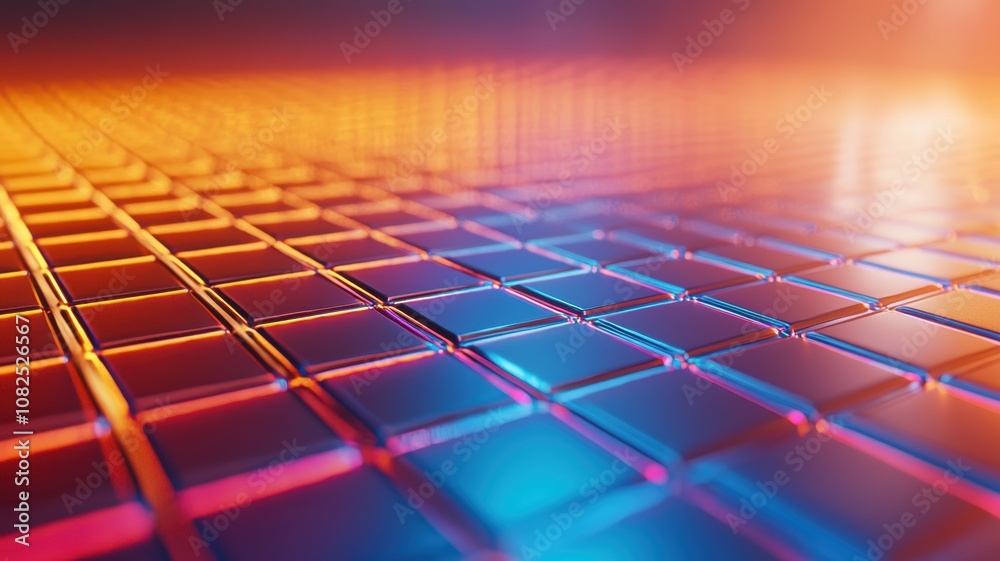 Poster Abstract Layered Grid with Neon Blue Highlights Creating a Dynamic Wave Effect in a Futuristic Setting