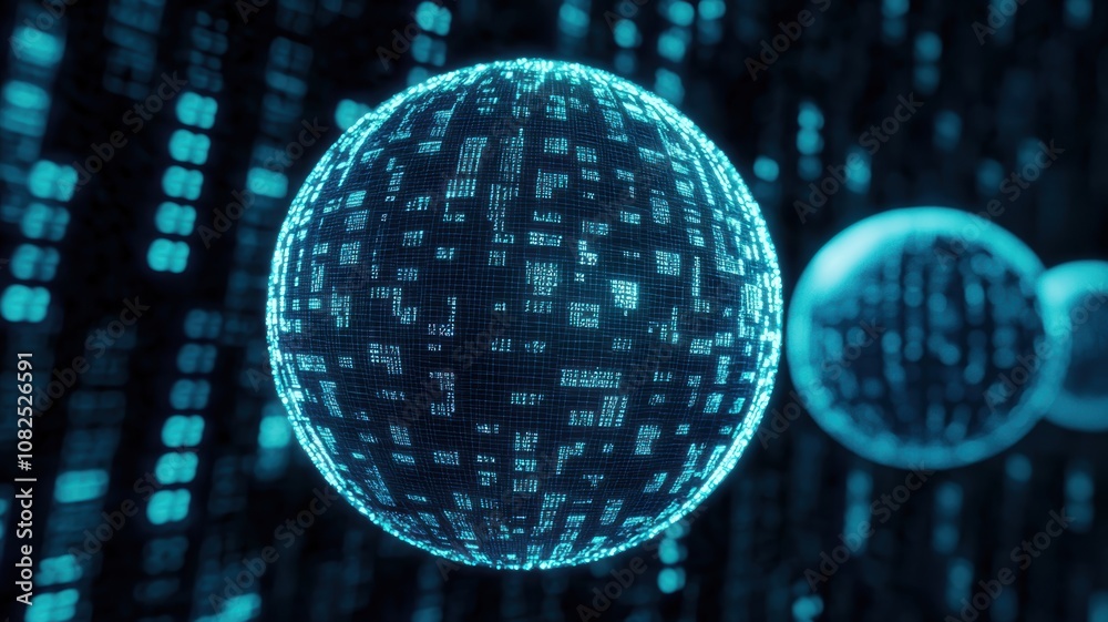 Poster abstract representation of transparent 3d wireframe spheres overlapping in digital space with glowin