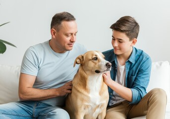 Father and son bonding with family dog on sofa in cozy living room