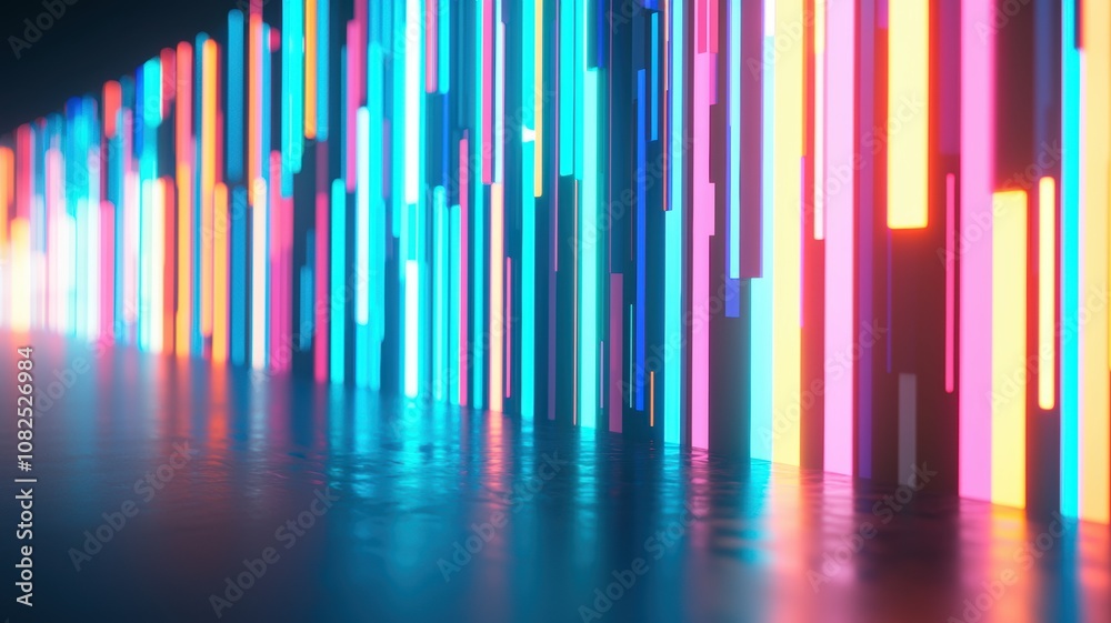 Poster dynamic abstract representation of colorful data streams forming layered patterns with soft reflecti
