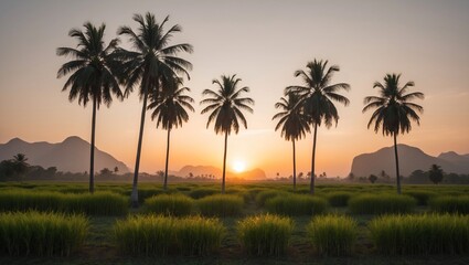 Scenic Sunrise Over Lush Sugar Palm Fields Surrounded by Majestic Mountains in the Distance Creating a Serene and Peaceful Landscape