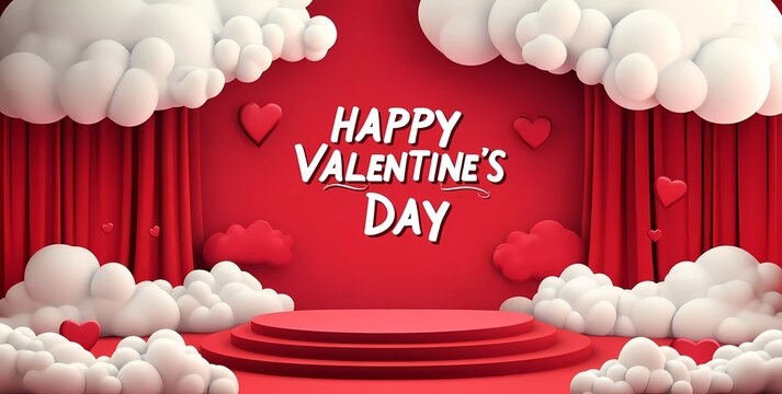 Happy Valentine's Day background with a podium and clouds, in a red color scheme for a design template vector illustration. Hand-lettered "HAPPY VALENTINE'S DAY" - Powered by Adobe