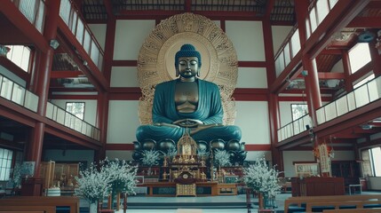 A serene indoor space featuring a large seated Buddha statue surrounded by decorative elements.