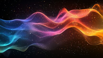 Obraz premium Abstract colorful glowing wave with twinkling lights on a black background.