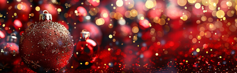 Obraz premium Festive Holiday Background with Red Christmas Ornaments and Sparkling Lights for Holiday Design and Decoration