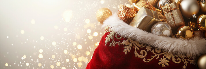 Fototapeta premium Santa Bag with Gold Wrapped Gifts and Ornaments