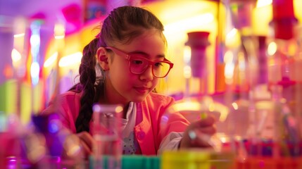 A young girl explores colorful chemistry in a bright lab. She carefully examines vibrant liquids in test tubes while learning.