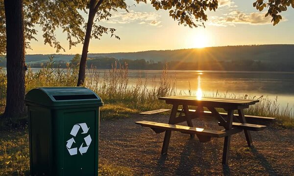 A tranquil lakeside scene at sunset with a recycling bin and picnic table.