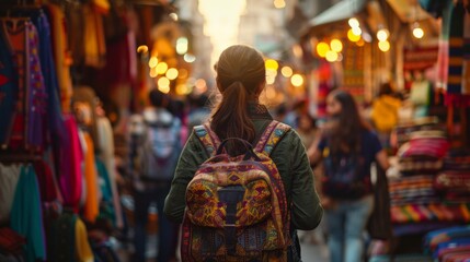 Obraz premium Exploring a Vibrant Market Scene Filled with Colorful Crafts and Lights