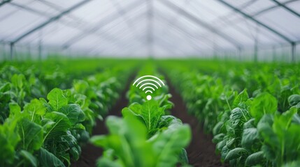 A green greenhouse filled with leafy plants and a Wi-Fi symbol, symbolizing smart farming and technology integration in agriculture.