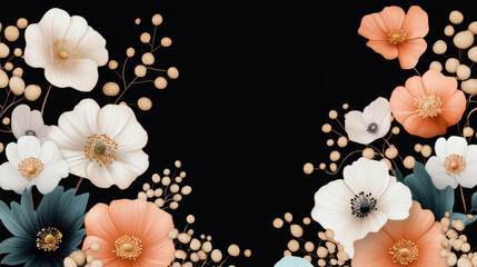 Beautiful floral arrangement with soft colors on black background, featuring delicate flowers and golden accents, perfect for sophisticated design