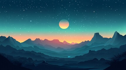 Fototapeta premium Silhouetted mountain range with a full moon in the night sky.