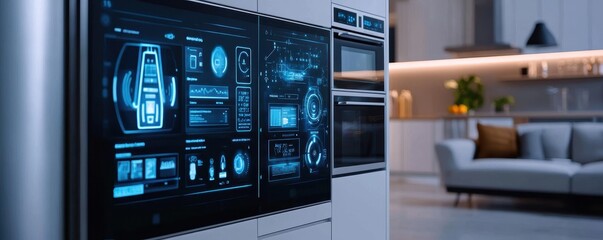 A modern smart kitchen featuring a high-tech refrigerator with a touchscreen interface, displaying various food management features and atmospheric kitchen design.