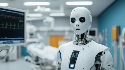 A humanoid robot stands in a modern medical facility, with medical equipment and monitors visible in the background.