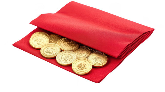 Red Envelopes Filled with Shimmering Gold Coins, Chinese New Year Festival, Isolated on White, PNG File, Transparent Background

