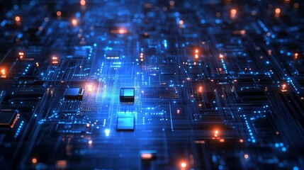 Abstract futuristic circuit board technology design with high-tech processing elements and digital connections in a modern innovation background