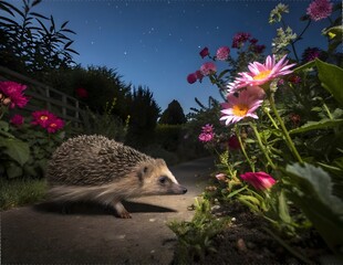Curious Hedgehog Exploring a Garden Under the Stars at Night