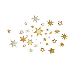 A collection of golden stars on a black background.  These stars are a beautiful and festive design. The stars are of various sizes and shapes.