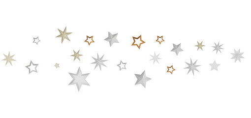 A collection of silver and gold stars arranged in a scattered pattern on a black background.