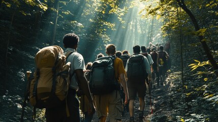 Hikers traverse a sunlit forest trail, surrounded by lush greenery and dappled light, AI