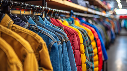 Obraz premium Colorful Assortment of Fashionable Jackets on Display in Urban Clothing Store - Ideal for Retail Design and Marketing