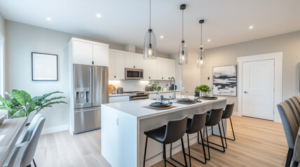 A kitchen with a white counter and black chairs