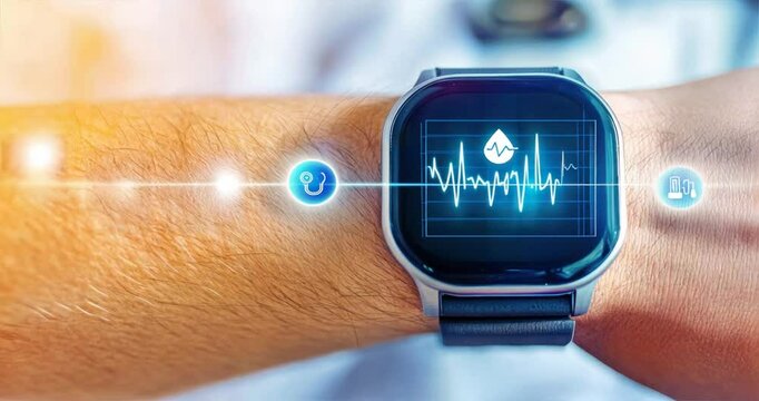 Close up of wrist with smartwatch heart rate monitor, health monitoring, wearable tech, BP monitoring, diastolic tracking, wearable heart care