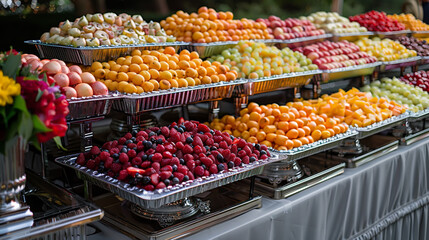 Obraz premium Vibrant Fruit Display at Outdoor Buffet - Ideal for Catering, Events, and Parties