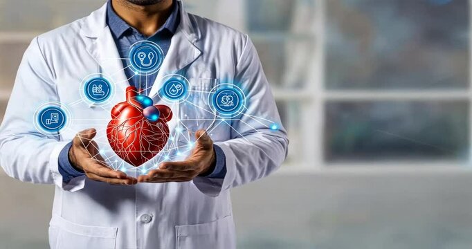 Doctor holds human heart in hands, showing medical icons with blue lines, patient care, systolic health, digital healthcare