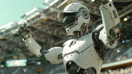 Fototapeta premium A white robotic athlete wearing a helmet and a cap raises his arms in victory at a stadium.