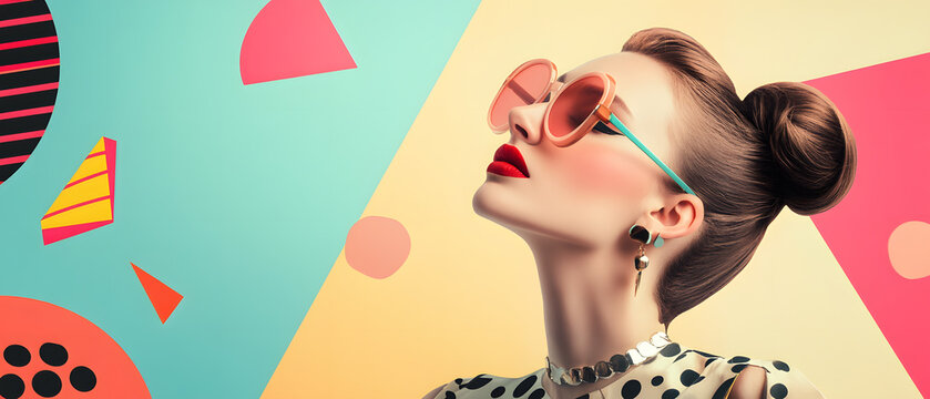 Fashionable Woman in Sunglasses with Geometric Background