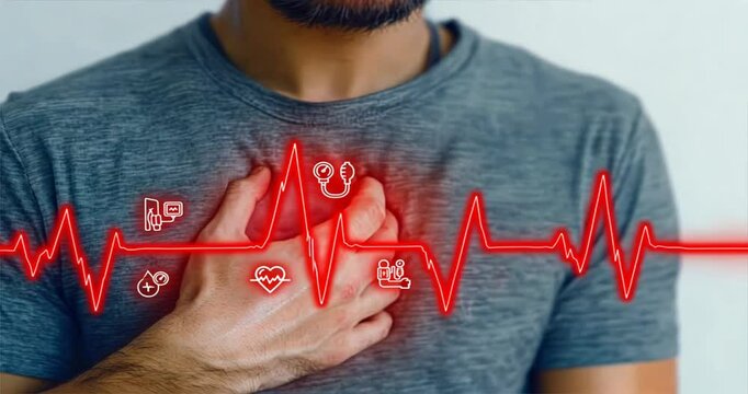 Man with heart rate line and chest pain sign representing heart attack or critical health condition, warning sign, high BP risk, emergency, diastolic health