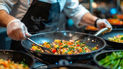 Professional Chef Cooking Colorful Stir Fry Vegetables in a Wok in a Restaurant Kitchen