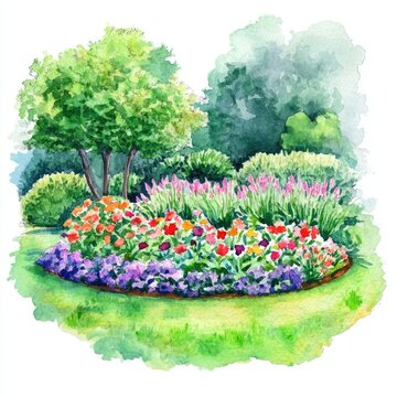 Blooming Garden Oasis: Watercolor Landscape Design in a Lush Botanical Park
