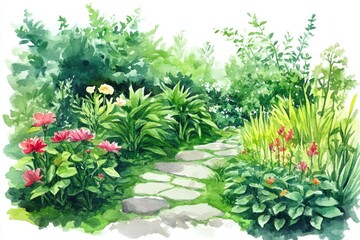 Fototapeta premium Botanical Oasis: Watercolor Garden Design with Floral Path and Lush Greenery