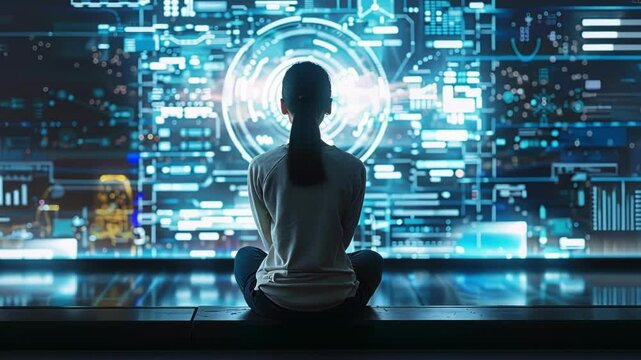 Woman is meditating in front of a futuristic screen displaying complex data, suggesting a brain computer interface for neural enhancement