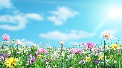 A vibrant field of flowers under a bright blue sky with fluffy clouds.