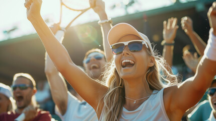 Cheering tennis fans celebrating at a tennis match.