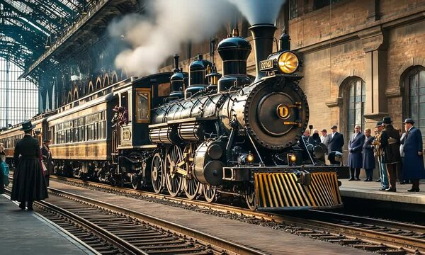 A vintage steam locomotive at a bustling train station, emitting steam and ready for departure.