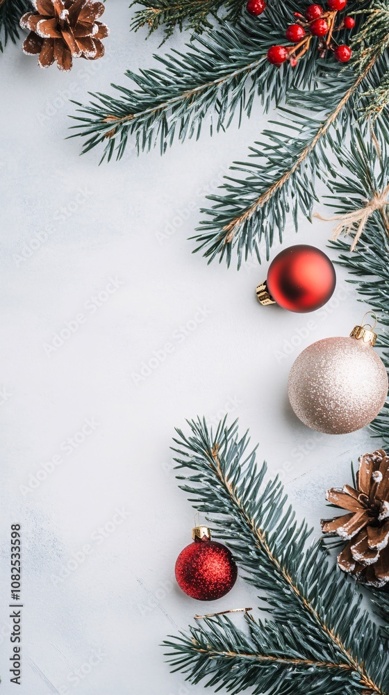 Poster christmas decoration with fir tree branches and ornaments creating a festive border