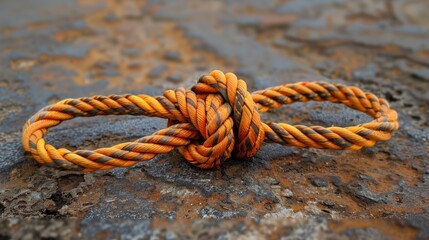 A close-up of an orange rope tied in a knot on a rusty metal surface.